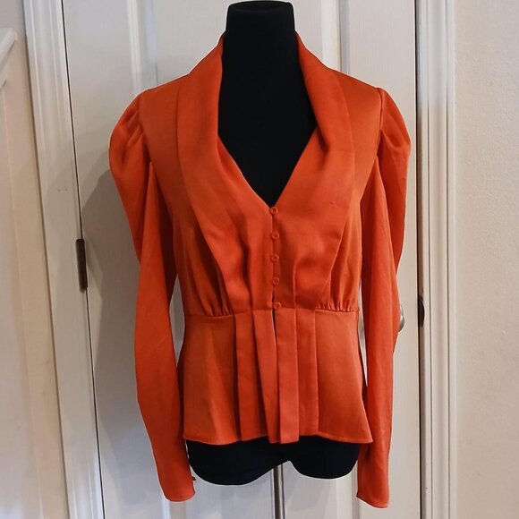 BCBGMAXAZRIA orange pleated peplum button-up silky blouse with puff sleeves Sz S - Picture 1 of 7